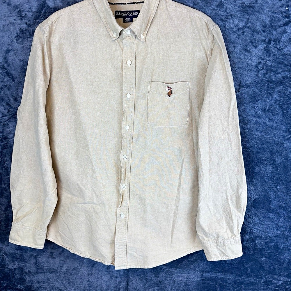 U.S. Polo Assn. Beige Button-Down Long Sleeve Woven Cotton Shirt Pockets L